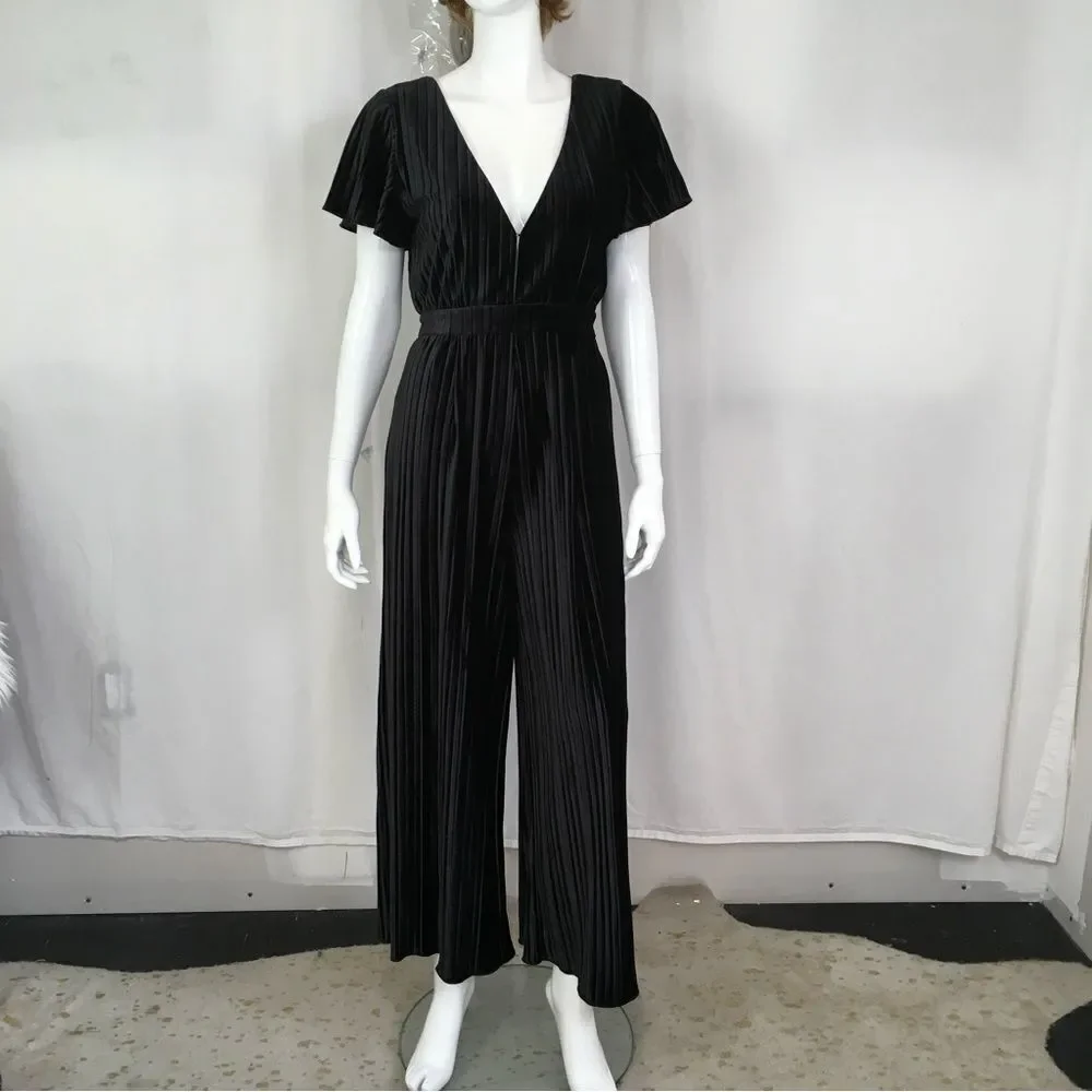 MINKPINK Black Lex Velvet V-Neck Wide Leg Cropped  Back Tasseled Tie Jumpsuit S